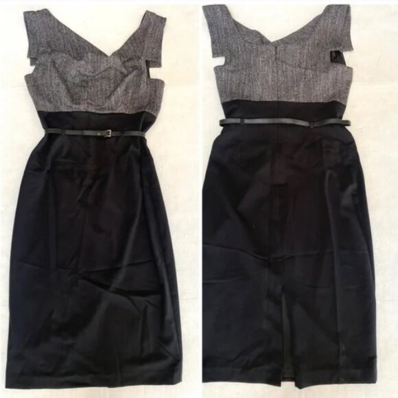 Black Halo Jackie O sleeveless tweed two-tone belted sheath dress -Size 6 - Picture 2 of 3